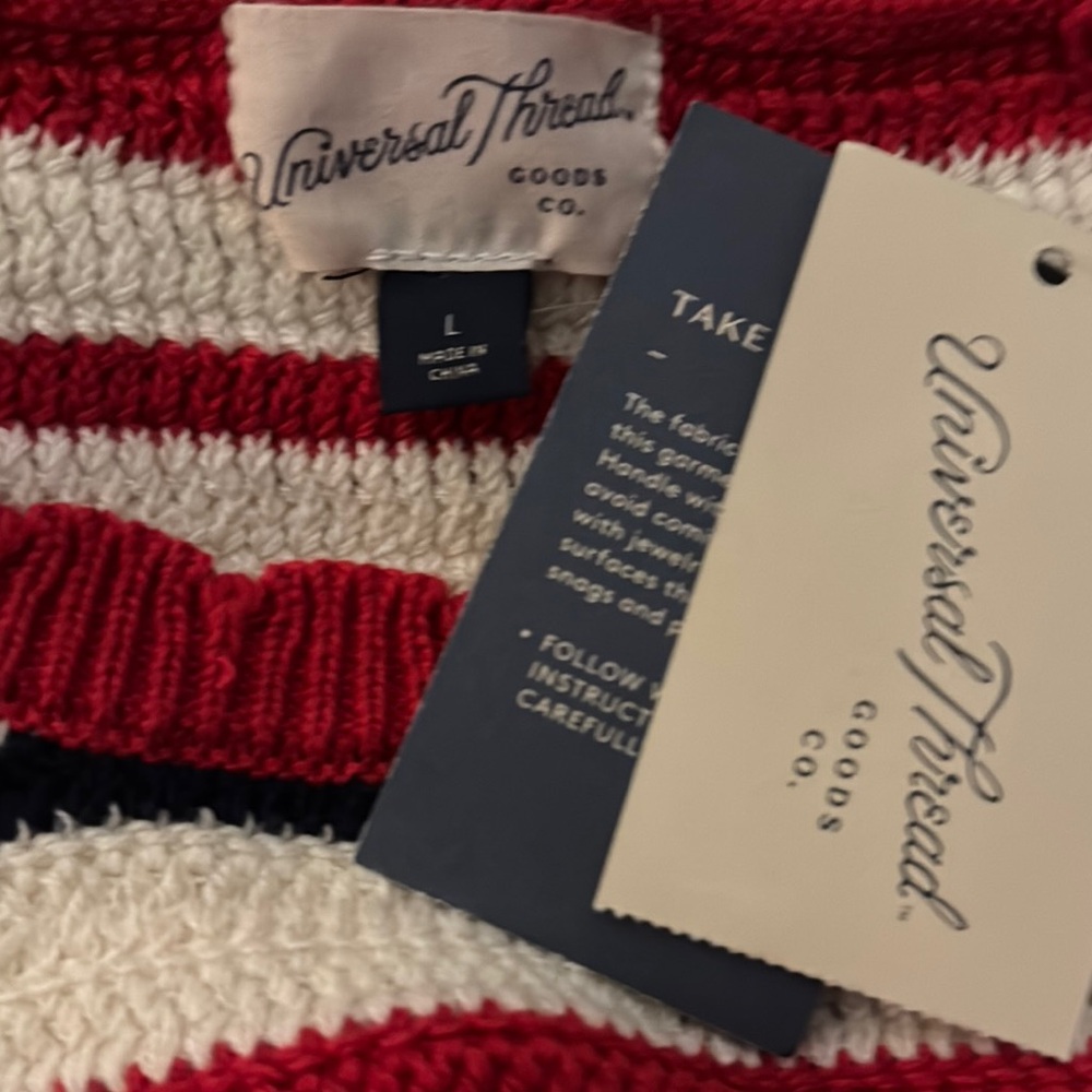 Universal Thread Women's Crewneck Knit Pullover Sweater Red/Navy/Cream Striped - Picture 4 of 6